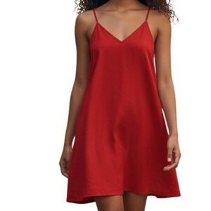 🆕 EXPRESS Lipstick Red Linen Blend V-Neck Slip Mini Dress W/Pockets NWT M